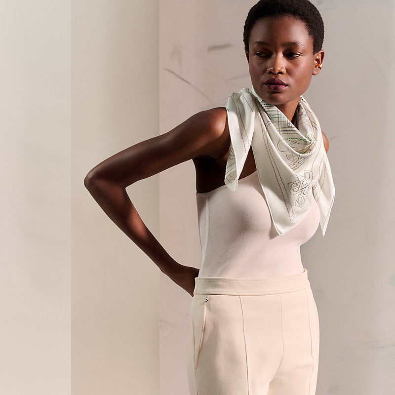 Ex-Libris Les Sangles embroidered scarf 90 - White | Hermès USA